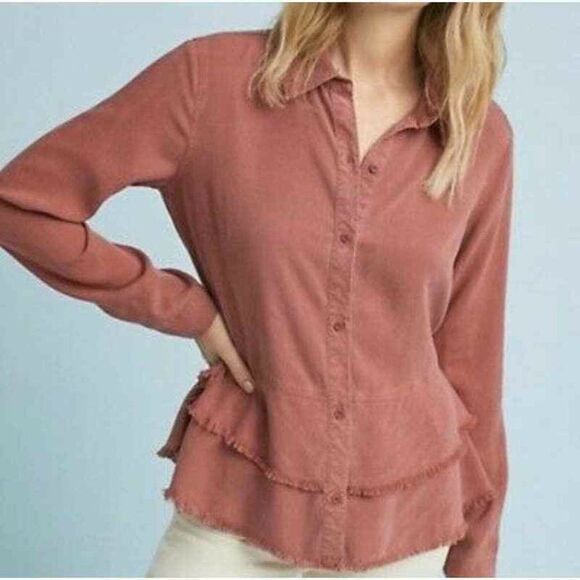 Anthropologie Cloth & Stone Pink Red Tiered Fringe Button Down Top Size XS / Ext - Picture 14 of 14